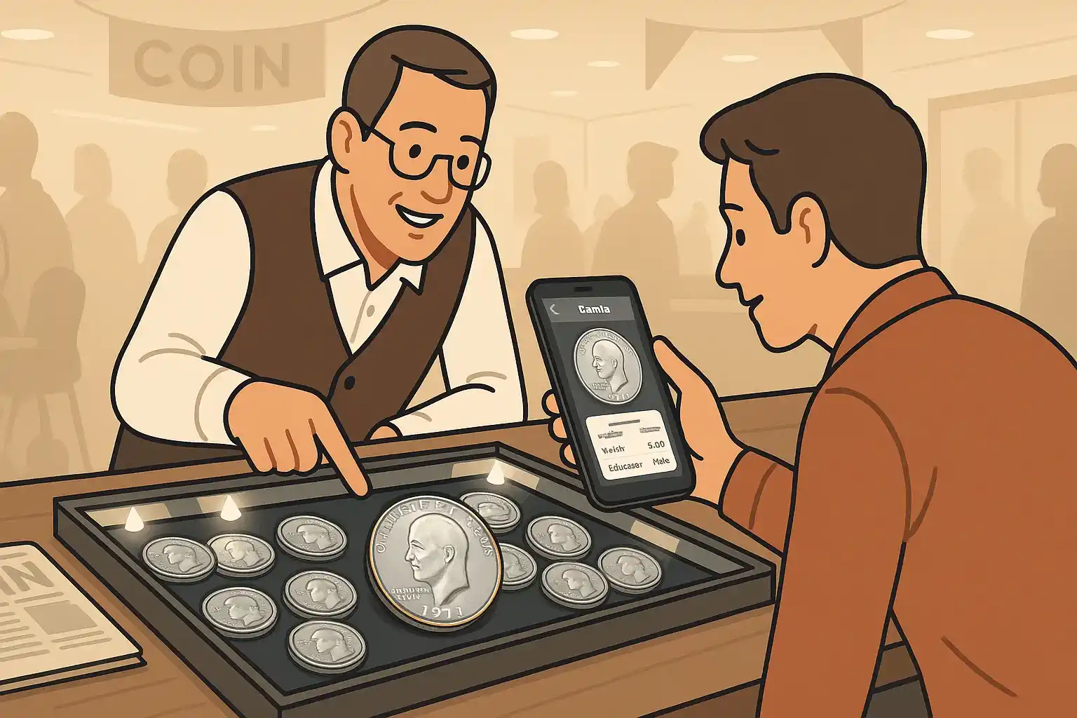 A dealer at the coin show presents an Eisenhower dollar.