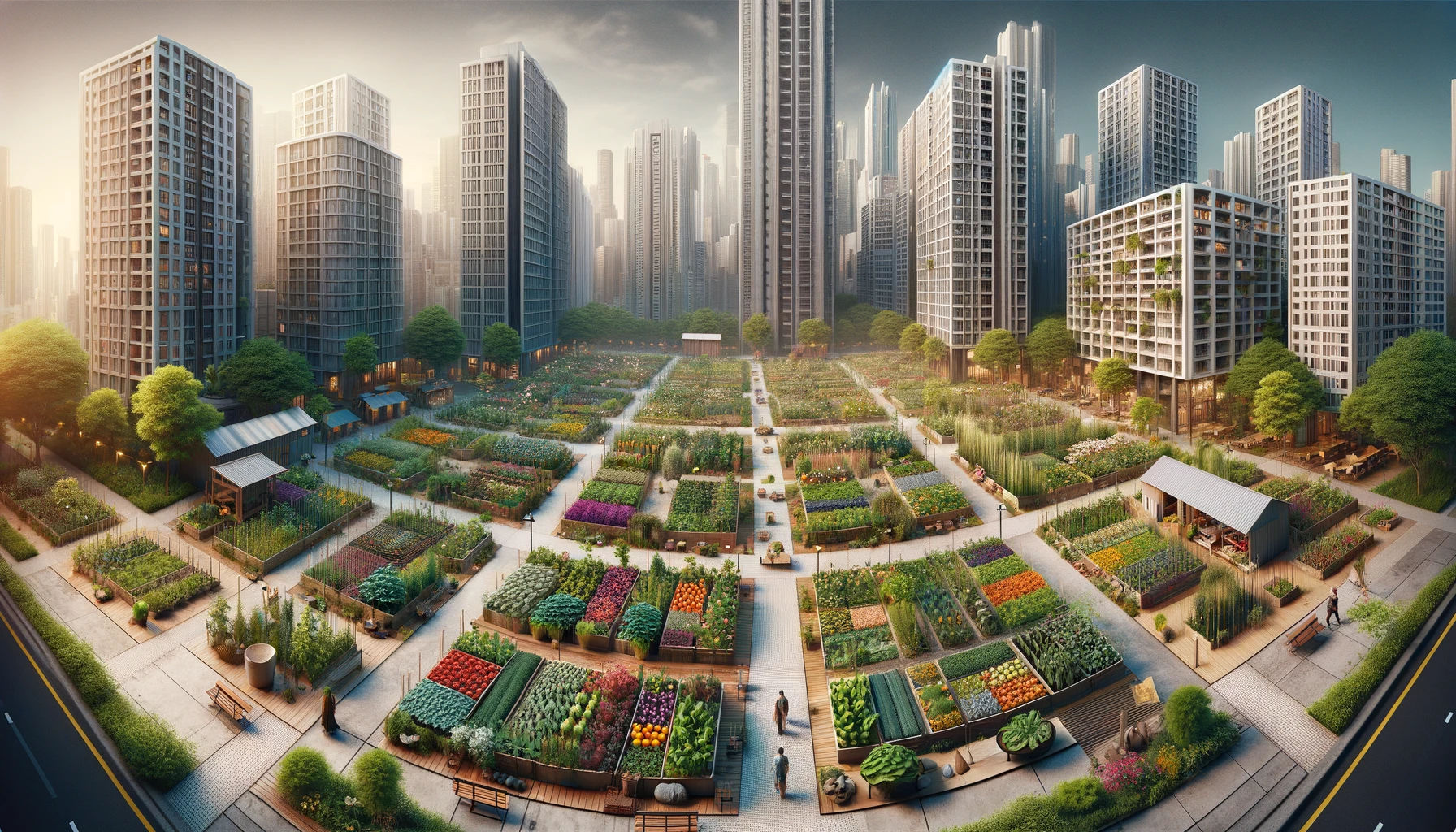 small community gardens nestled within a cityscape