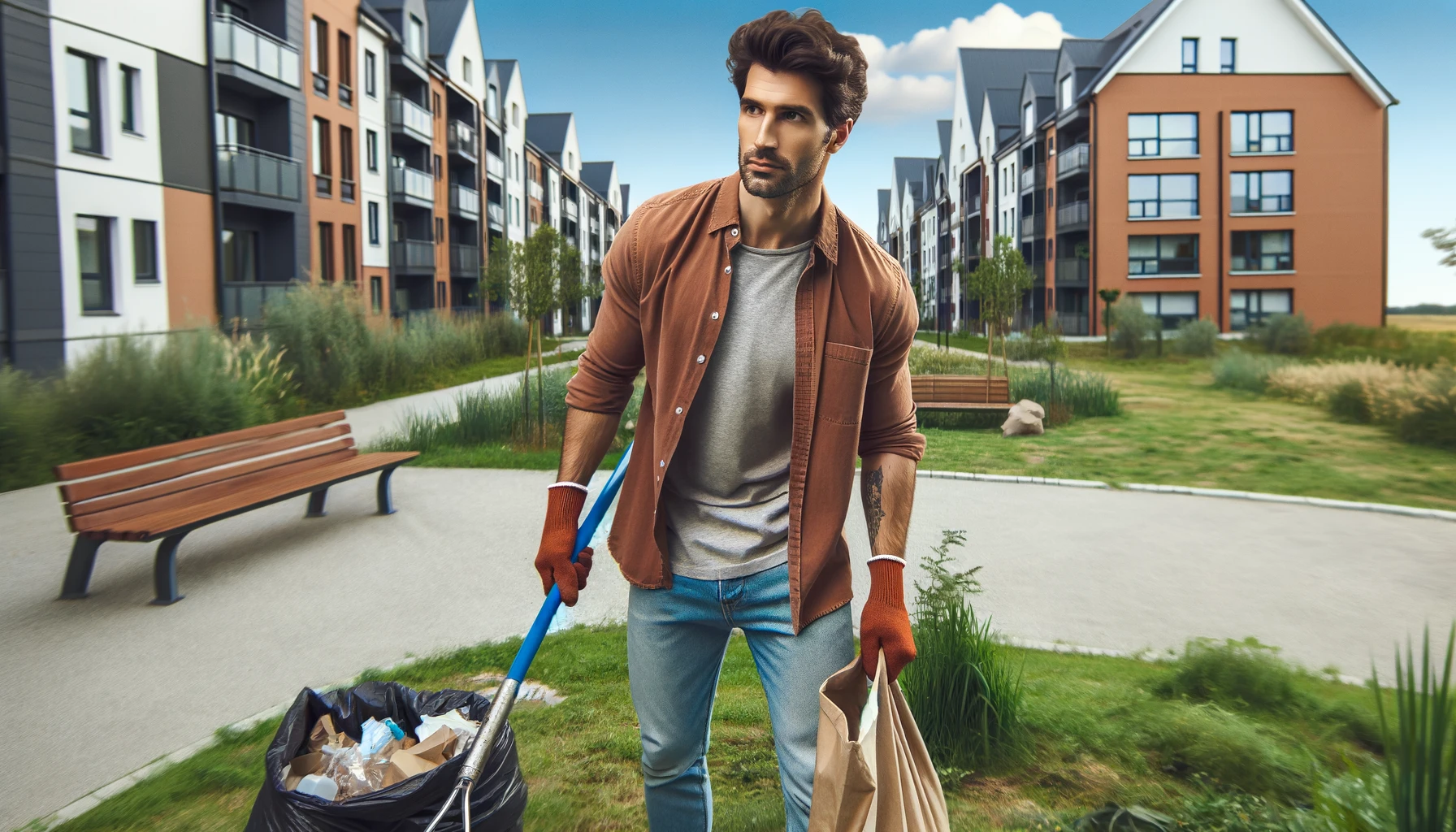a handsome man collecting garbage near his residential complex