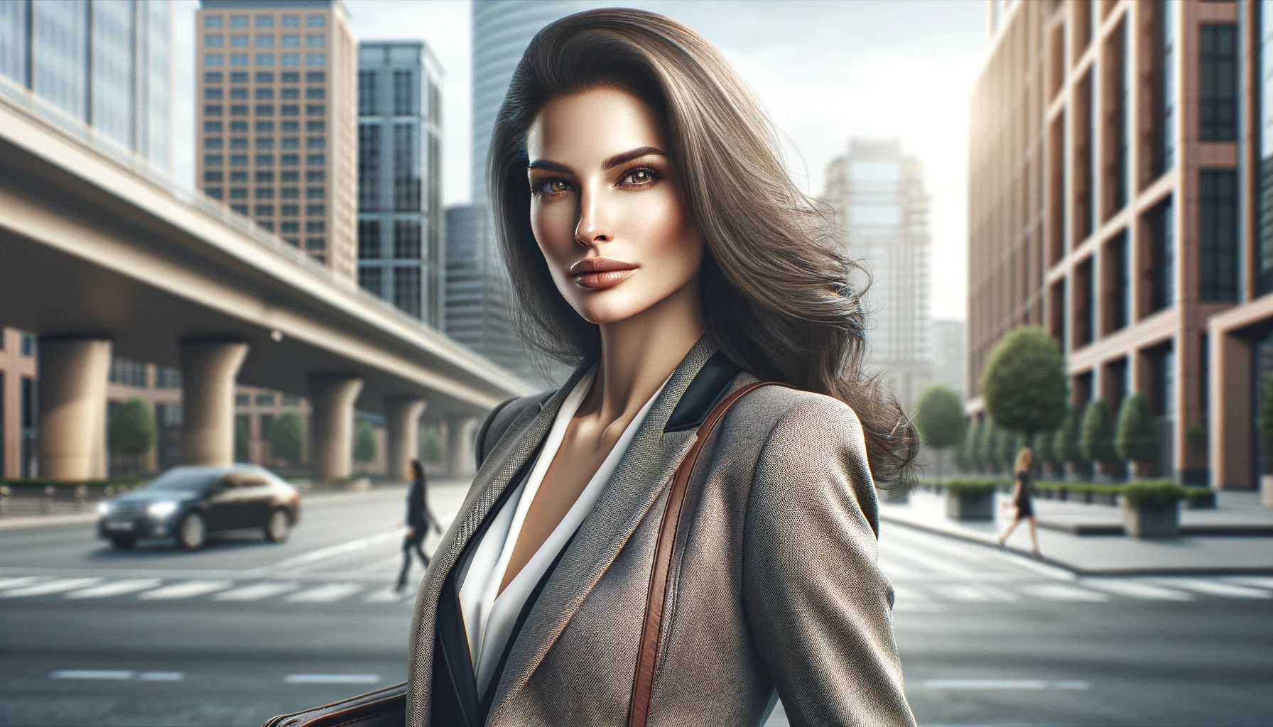 a young woman, capturing her confidence and elegance. She stands in an urban setting, possibly on a city street or in front of a modern building, embodying a sense of strength and sophistication