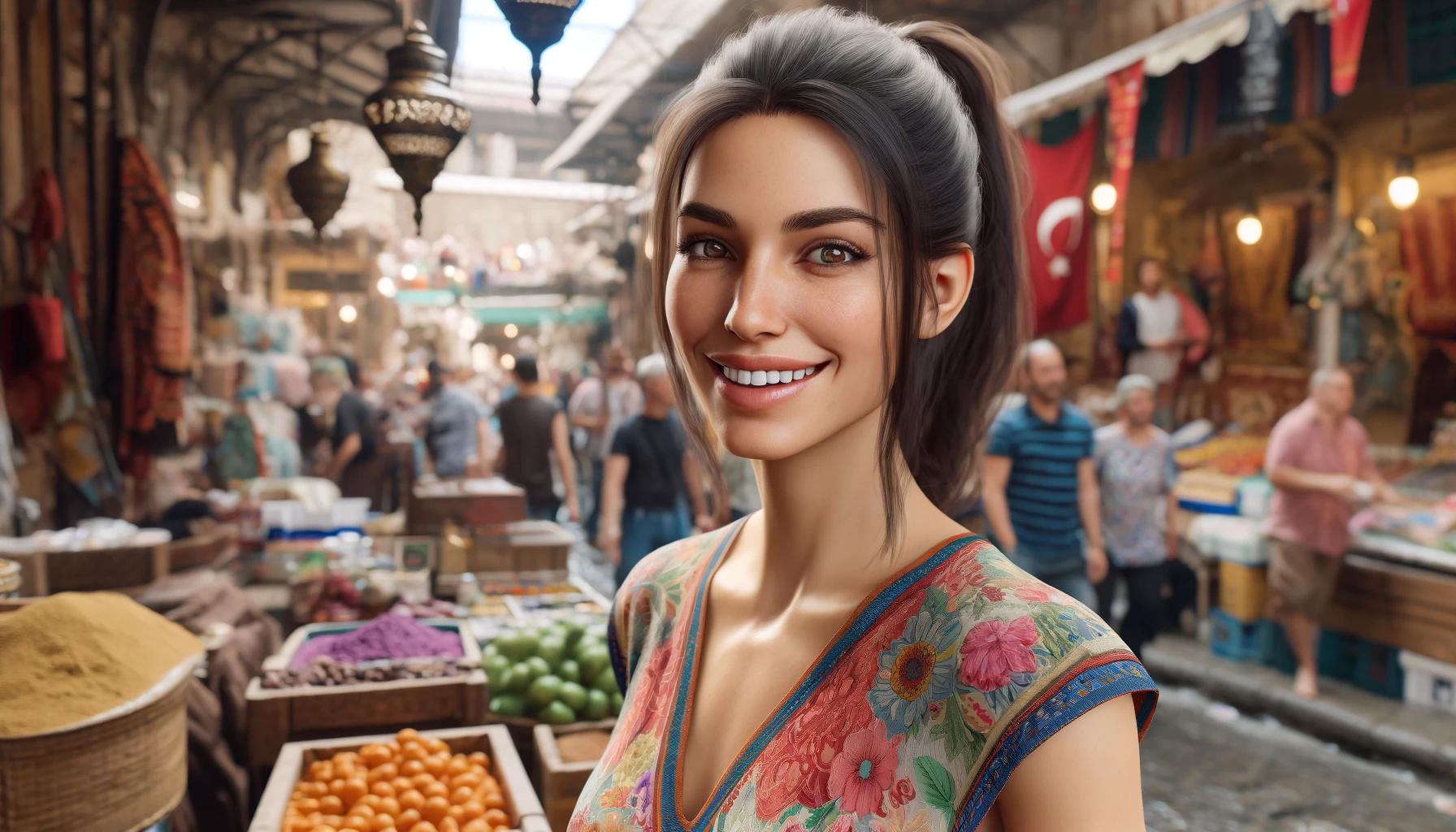 a smiling woman in a bustling Turkish market during the day. She has dark hair tied in a ponytail and wears a colorful floral dress.