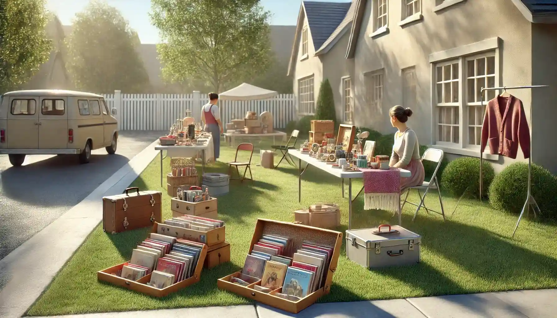 A small garage sale on a sunny suburban lawn.