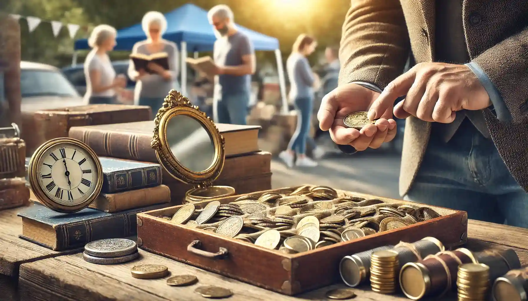 A close-up view of a garage sale table with neatly organized items, including a box of rare coins, vintage books, and an antique mirror.