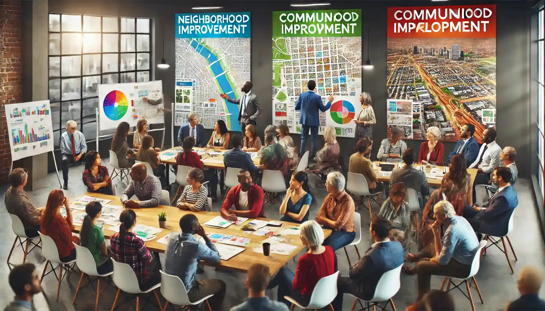 A dynamic community workshop focused on urban improvement, with diverse residents engaged in strategic planning.