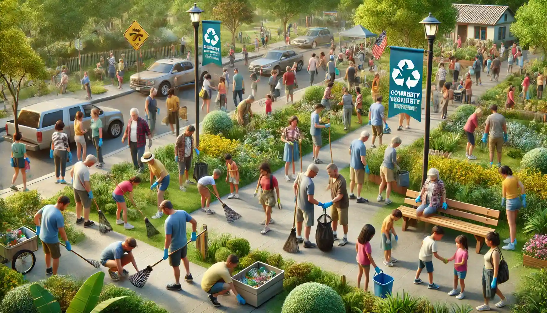 A community engagement event in a local park, showing diverse groups participating in a neighborhood clean-up day.