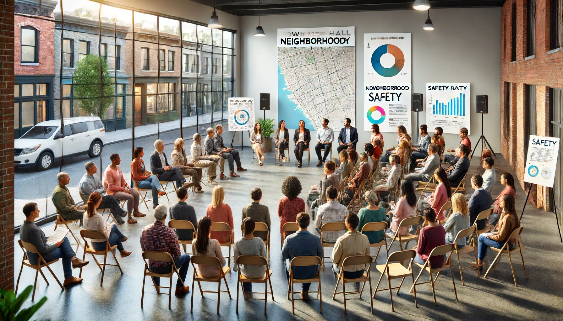 a community meeting in an urban neighborhood, where diverse residents are participating in a discussion about neighborhood safety.