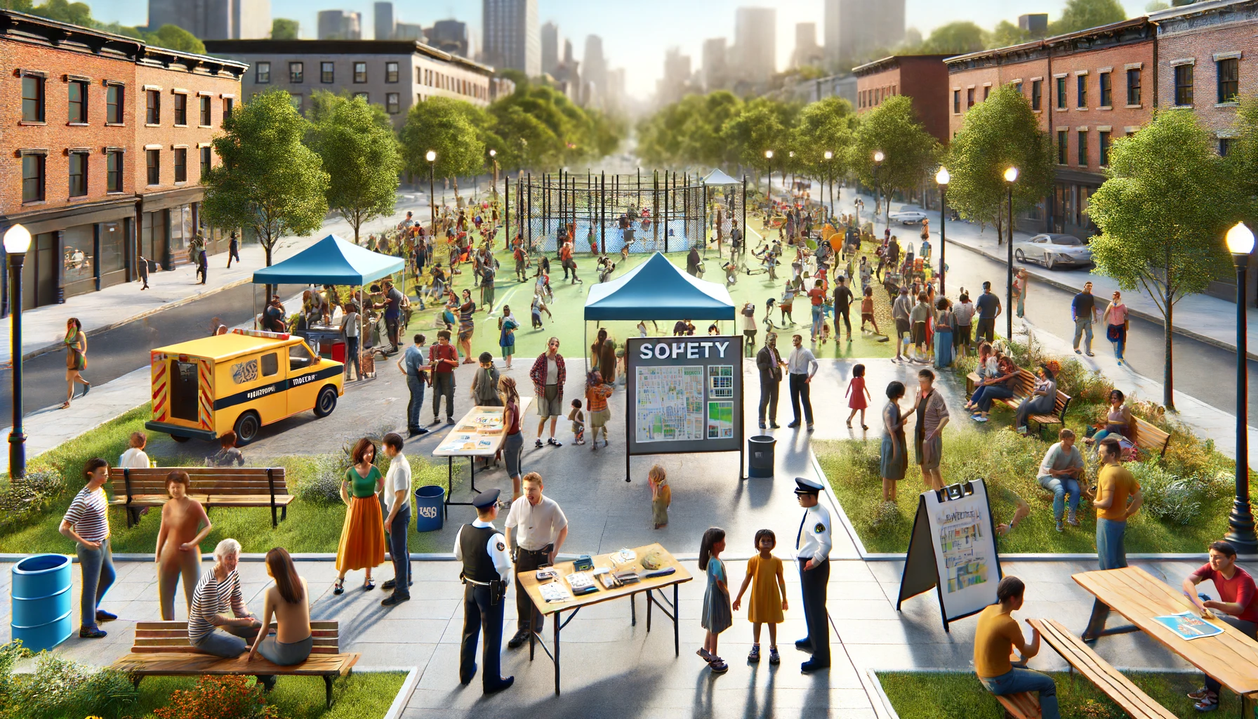 a vibrant community gathering in an outdoor urban park, focusing on a neighborhood safety initiative