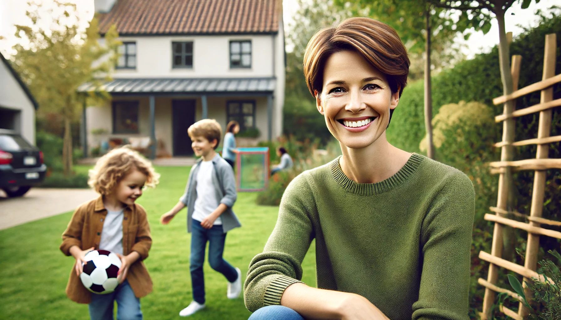 a smiling woman watching her children play in the yard of their house. The woman has short brown hair, is wearing a casual green sweater and jeans. The children, a boy and a girl, are playing with a ball on the well-kept lawn.
