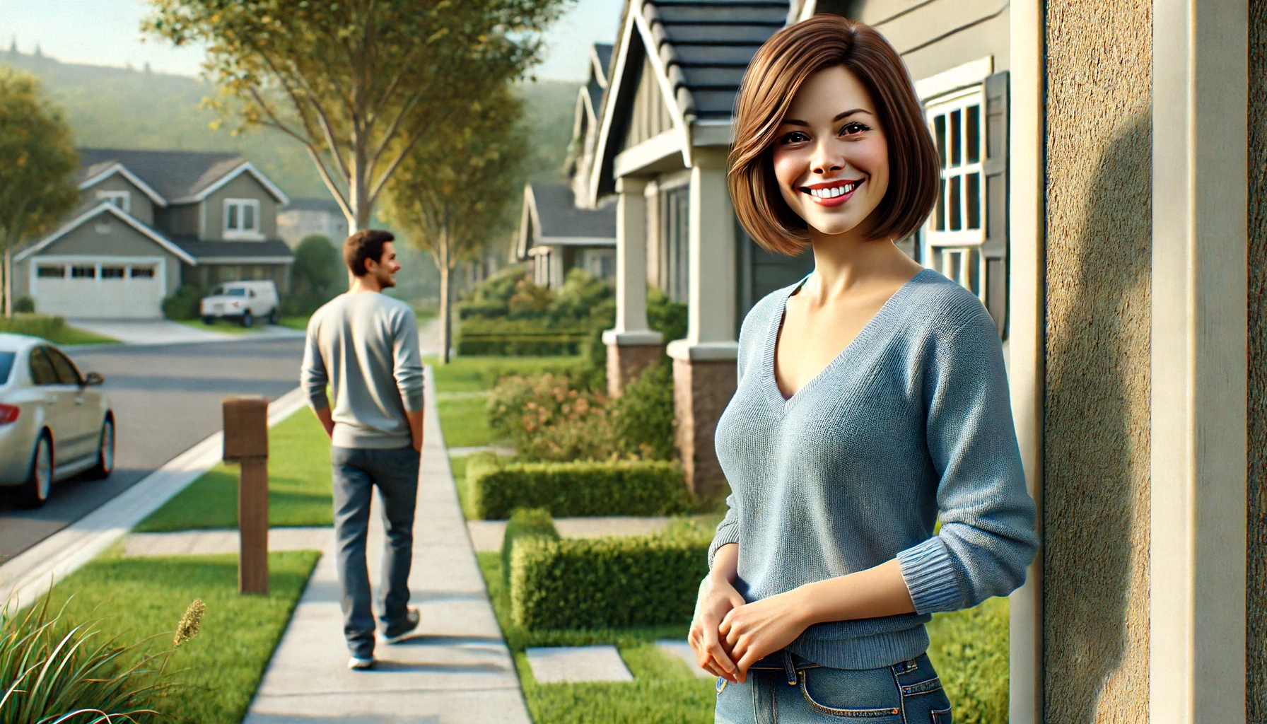 a smiling woman standing near her house. She has short brown hair, is wearing a casual blue sweater and jeans. A male neighbor is walking by on the sidewalk, wearing casual clothes and smiling back. The setting is a suburban neighborhood with well-kept lawns and houses in the background.